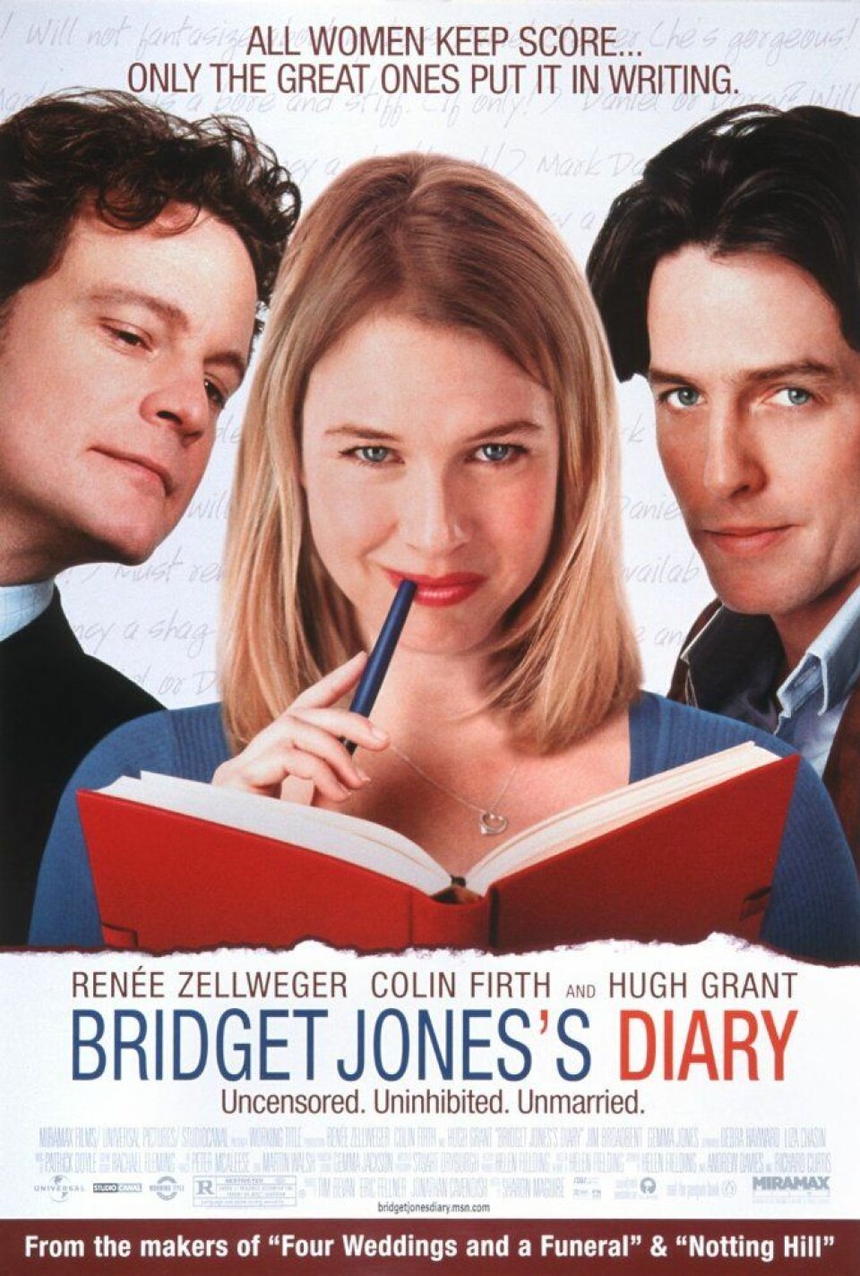 Bridget Jones dagbok: Bridget Jones är singel och ogillar sitt jobb. Som nyårslöfte lovar hon att styra upp sitt liv och börjar dessutom skriva dagbok. Förutom att hitta två potentiella män så lyckas hon också hamna i flera olustiga situationer.