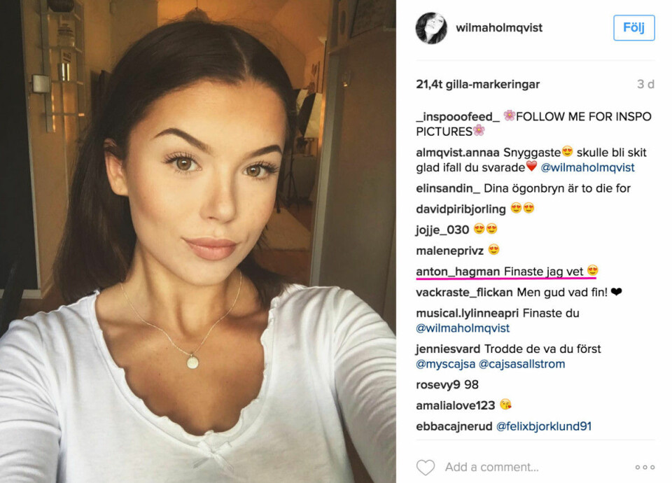 Youtube-stjärnorna WilmasBeauty och Anton Hagman flörtar på Instagram