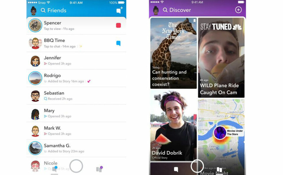 Till vänster är den nya vän-sidan och till höger är den nya upptäck-sidan. Foto: Snapchat Till vänster är den nya vän-sidan och till höger är den nya upptäck-sidan. Foto: Snapchat