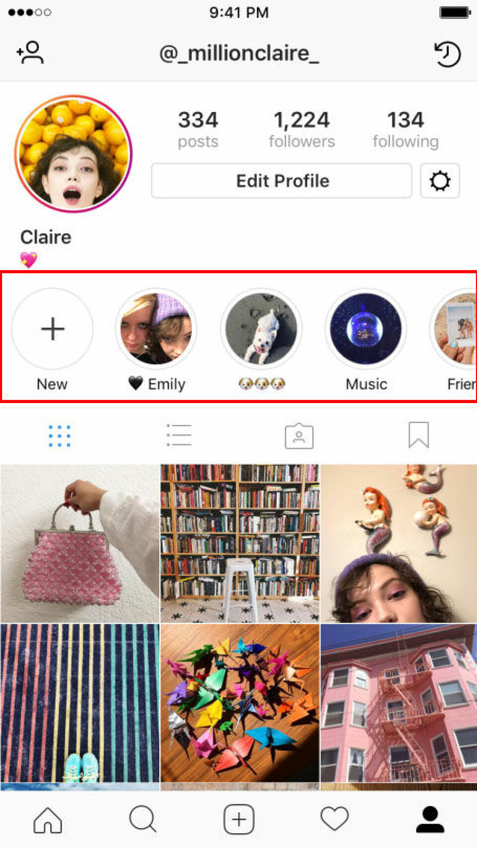 Så här kommer det att se ut på din profil när du har valt ut storys till din highlight. Så här kommer det att se ut på din profil när du har valt ut storys till din highlight.
