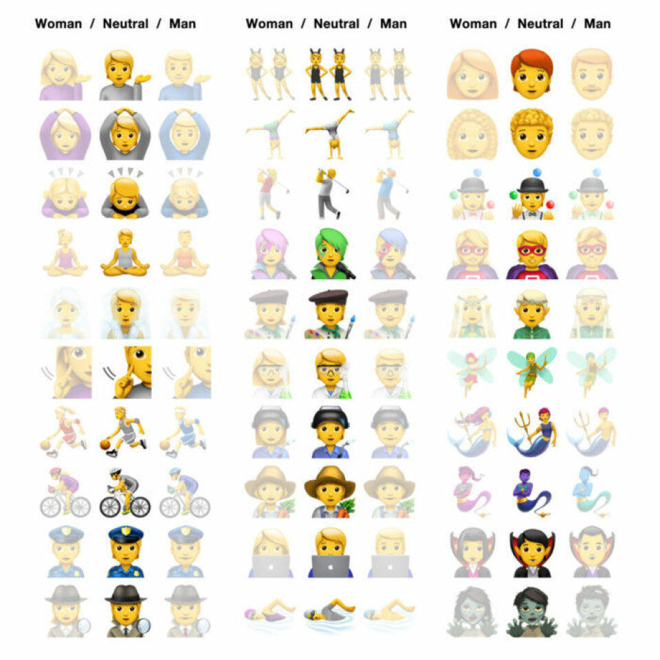 Alla personemojis finns nu som en icke-binär variant. Alla personemojis finns nu som en icke-binär variant.