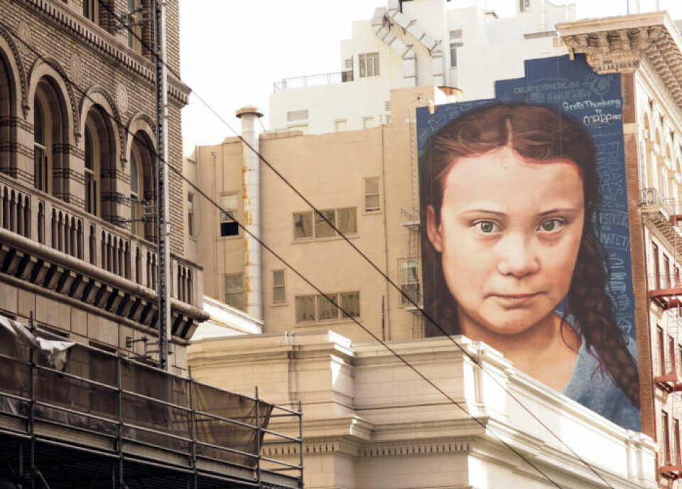 Greta Thunberg som muralmålning i San Fransisco. Greta Thunberg som muralmålning i San Fransisco.